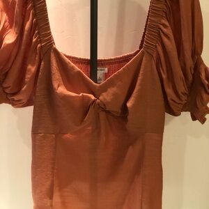 Nine West Rust Knot-Front Puff Sleeve Top